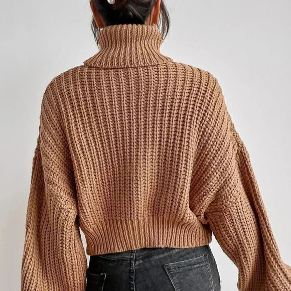 Mocha Brown Casual Womens Turtleneck Drop Shoulder Ribbed Knit Sweater - Picture 3 of 5